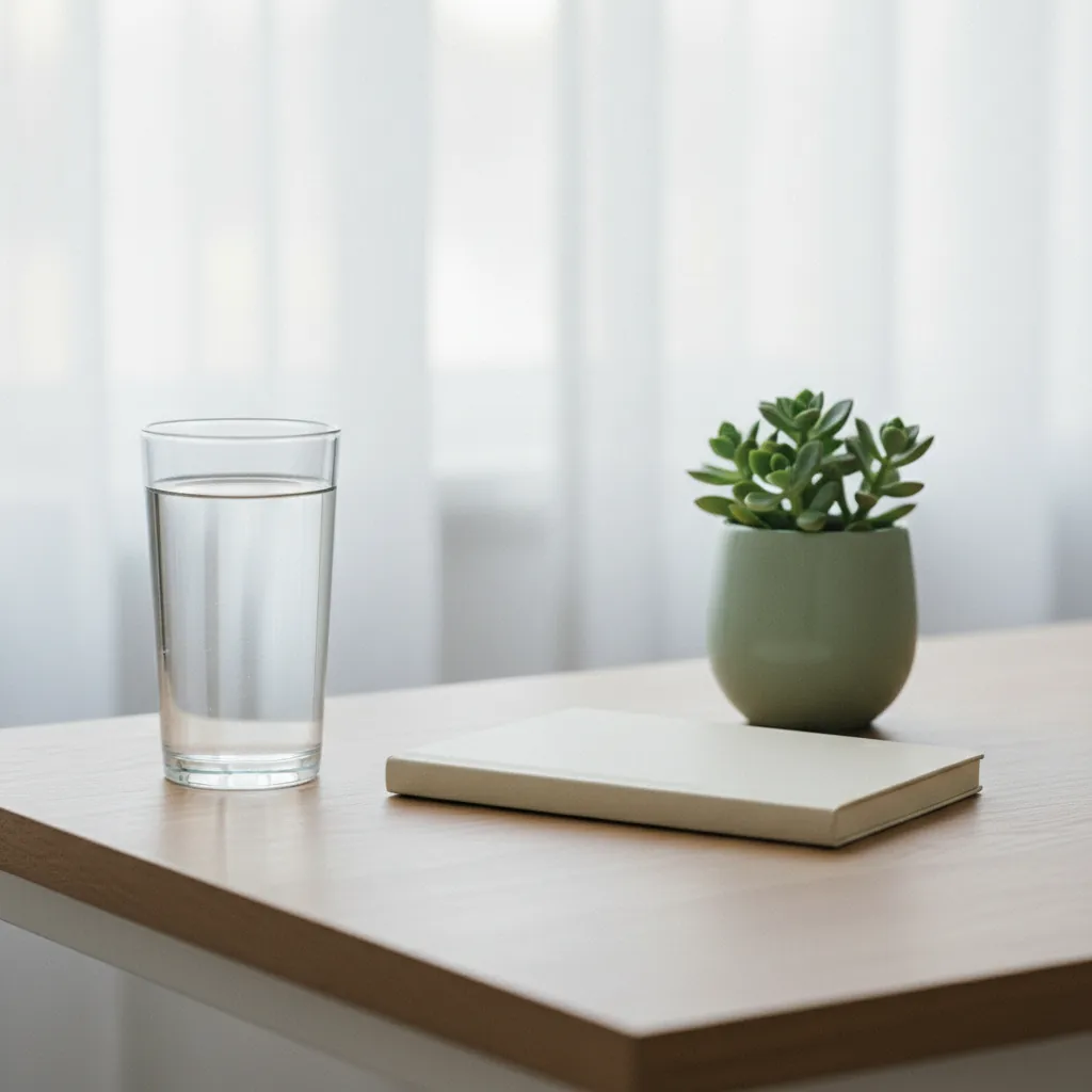 A calm, tidy workspace with a glass of water, a notebook and a small potted plant on a light wooden desk