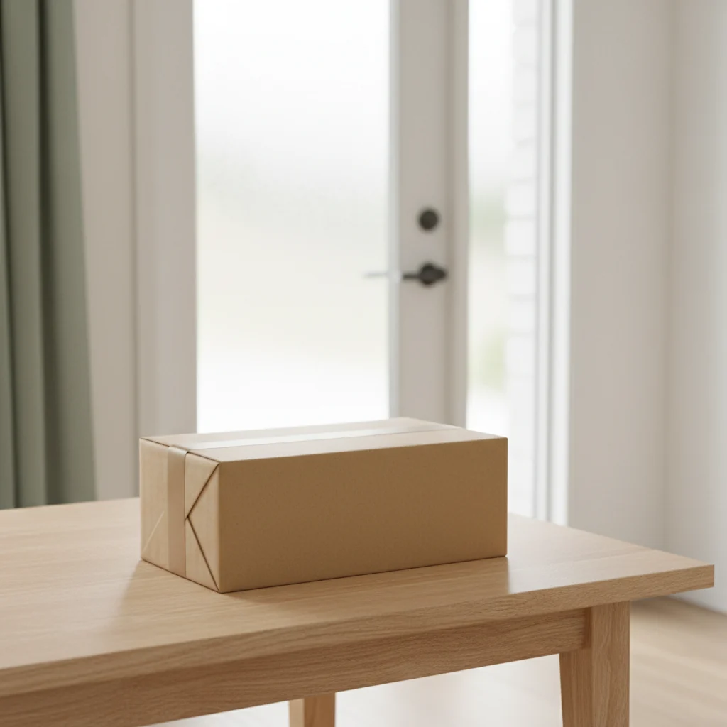 A neat kraft parcel box placed on a table near a bright front door entryway
