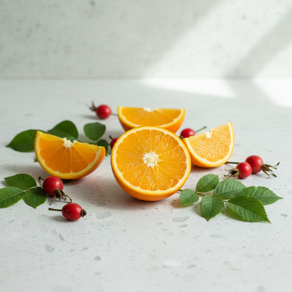 Fresh oranges, rosehip berries and green leaves arranged on a light stone kitchen surface