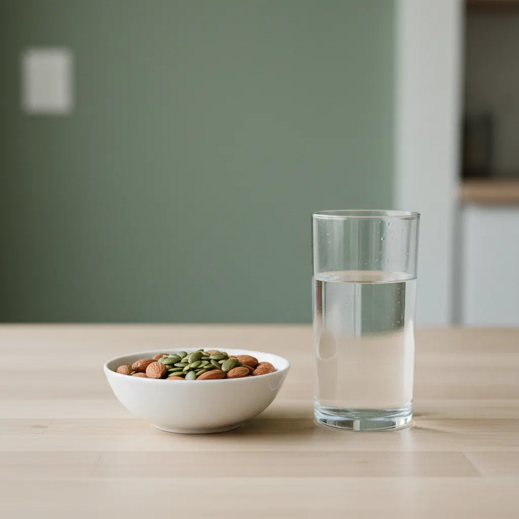A small ceramic bowl of almonds and pumpkin seeds beside a glass of still water on a wooden kitchen table