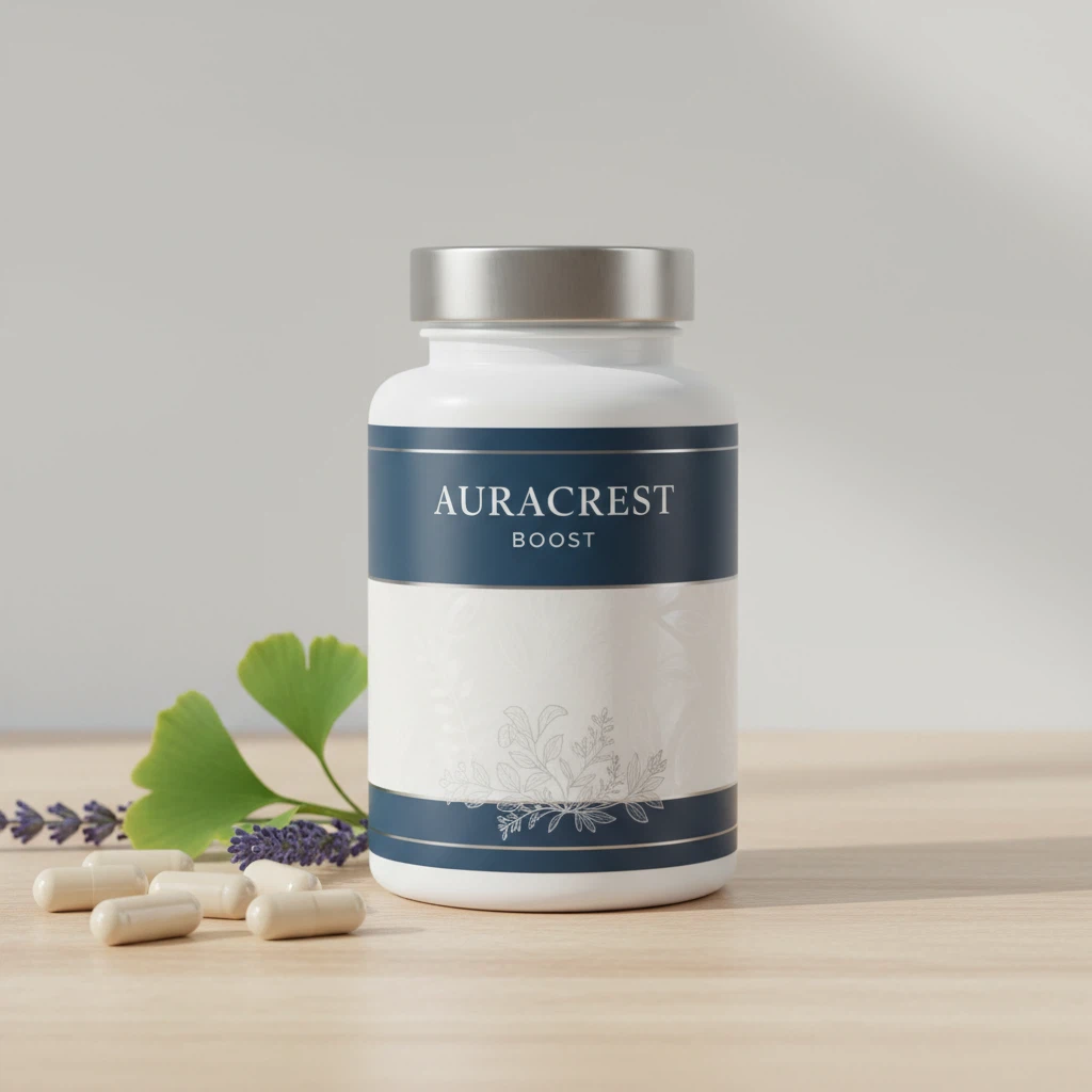 AuraCrest Boost supplement jar with ingredients on white surface