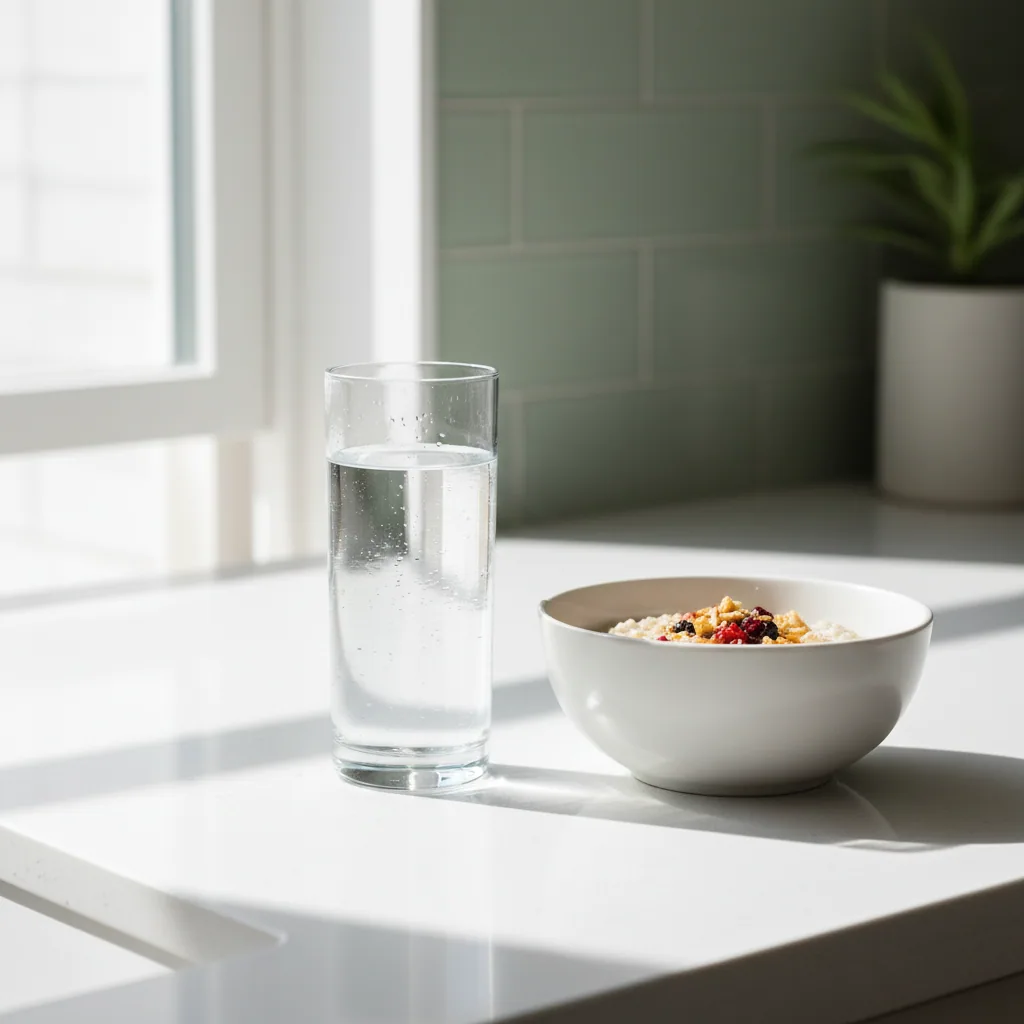 A glass of water and a simple breakfast on a bright kitchen counter in morning light